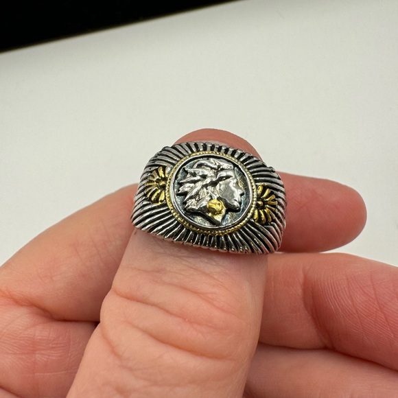 New Two Toned 925 Stamped Silver -Gold Color Native American Head Design Ring - Picture 8 of 16
